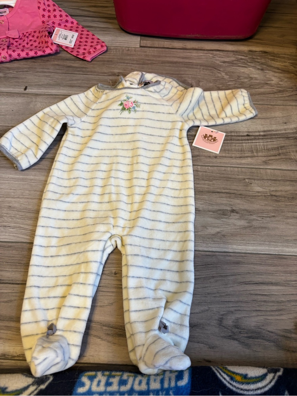 Baby Girls Cream & Gray Striped Fleece One-Piece with Floral Accent